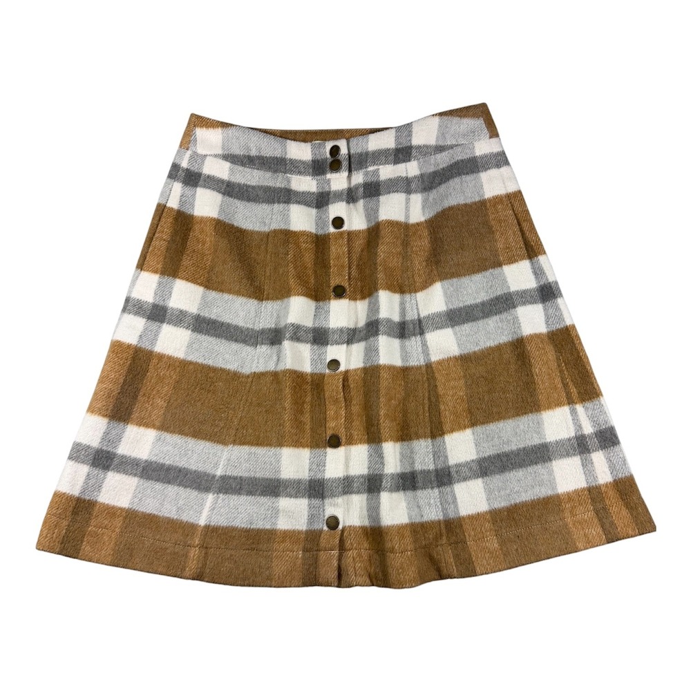 Downeast Plaid Button Front Mini Skirt Women L Brown Grey Wool Blend Pockets